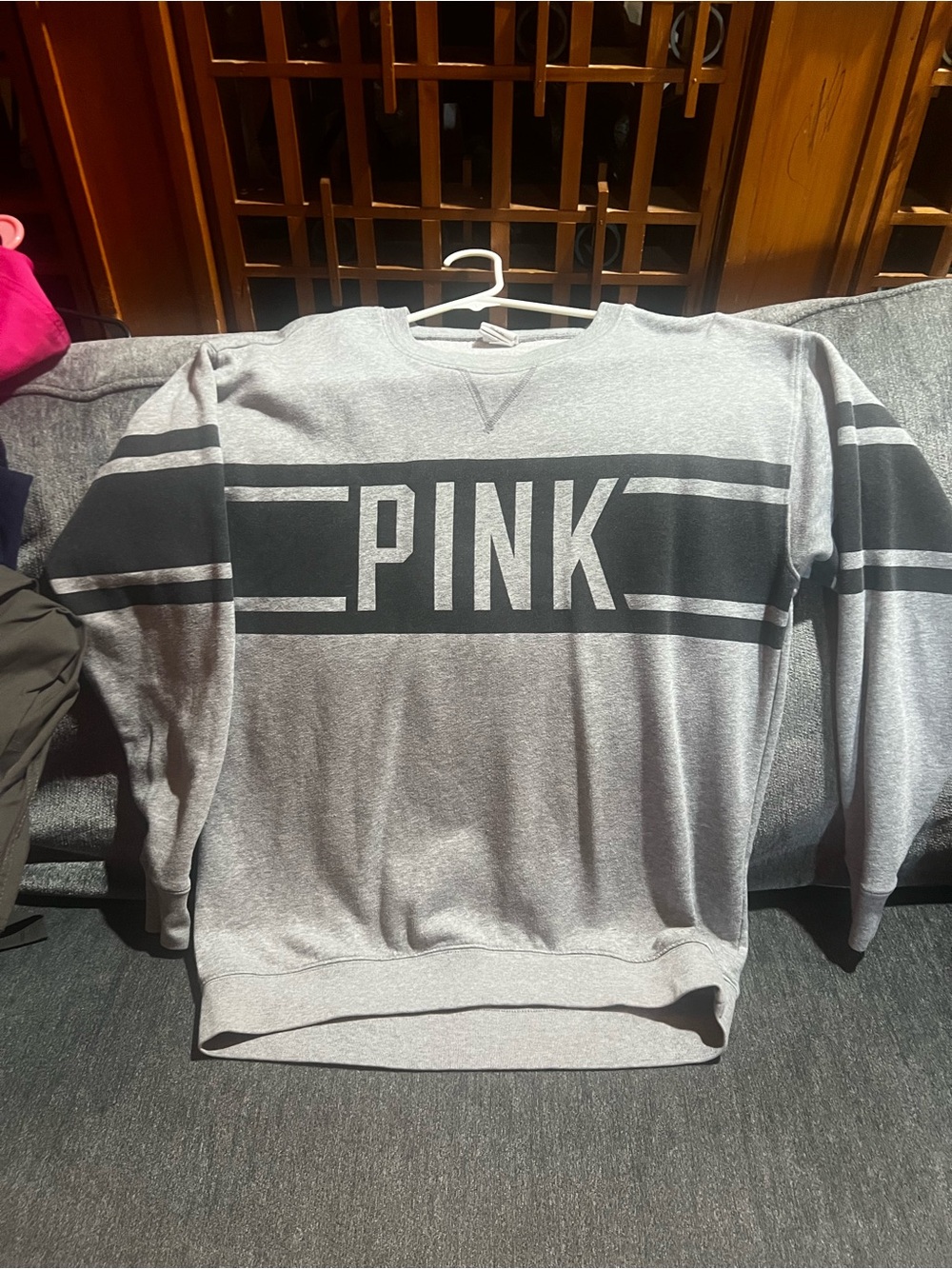 Victoria's Secret PINK Grey Crewneck Sweatshirt with Black Stripe Logo